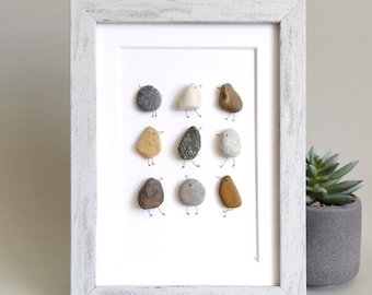 Pebble Art with Birds, Birds Family Gift, Pebble art family, Framed Art