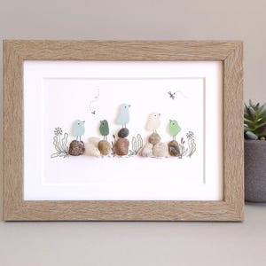 Sea Glass Birds on Rocks, Sea Glass Picture, Unique Pebbles Art, Coastal Decor, Beach Home Decor, Beach House