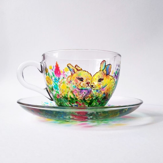 Rabbit Tea Cup and Saucer Hand Painted Tea Cup Personalised Etsy