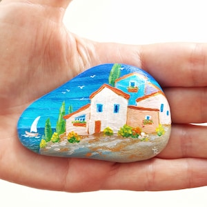 Home and Sea Stone Painting, Painted with Acrylic paints and finished with varnish