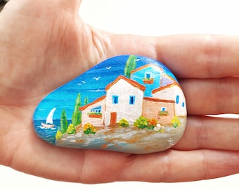 Home and Sea Stone Painting, Painted with Acrylic paints and finished with varnish