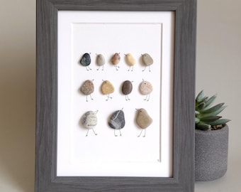 Handmade Pebble Art with Birds, Birds Family Gift, Pebble art family, Frame