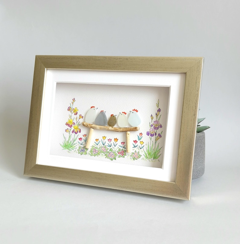 Sea Glass Chicken Family, Chicken Art, Chicken Decor, Chicken Easter Ornament, Colourful Birds, Sea Glass Picture, Framed Art image 12