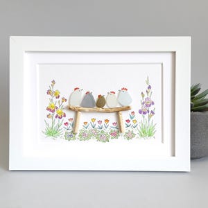 Sea Glass Chicken Family, Chicken Art, Chicken Decor, Chicken Easter Ornament, Colourful Birds, Sea Glass Picture, Framed Art image 1