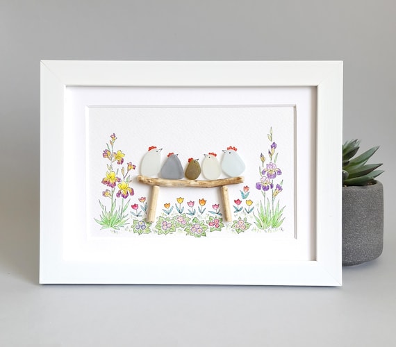 Sea Glass Chicken Family, Chicken Art, Chicken Decor, Chicken Easter Ornament, Colourful Birds, Sea Glass Picture, Framed Art