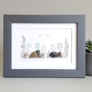Sea Glass Birds on Rocks, Sea Glass Picture, Unique Pebbles Art, Coastal Decor, Beach Home Decor, Beach House