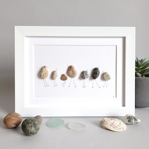 Handmade Pebble Art with Birds, Birds Family Gift, Sea glass birds, Sea glass art family, Wood Frame