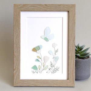 Sea Glass Flower, Sea Glass Art Picture, Wall Decor, Mom Birthday Gift, Sister Birthday Gift, Home Decor, Framed Art