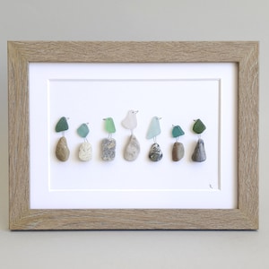 Sea Glass Birds on Stones, Sea Glass Art Picture, Pebble Art, Wall Decor, Beach Decor, Home Decor, Wood Frame