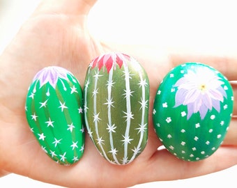 Сactus Painted Rocks, Hand Painted Pebble, Miniature Art, Rock Art
