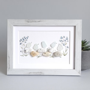 Sea Glass Birds Pebble Art Family Picture, Handmade Coastal Decor Gift