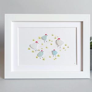 Sea Glass Chicken Family, Colourful Birds, Sea Glass Picture, Family Picture, Framed