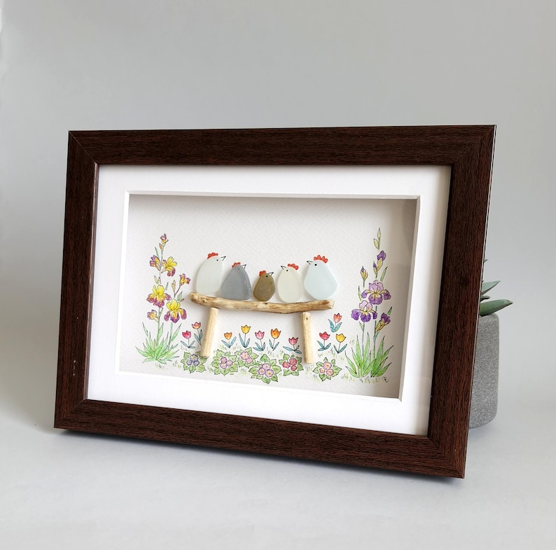 Sea Glass Chicken Family, Chicken Art, Chicken Decor, Chicken Easter Ornament, Colourful Birds, Sea Glass Picture, Framed Art image 9