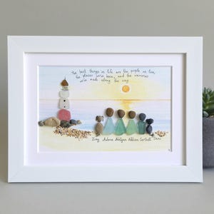 Sea Glass Lighthouse, Pebble Art & Sea Glass Picture, Blue Lighthouse, Family sea glass art, Seaglass Family, Couple with child