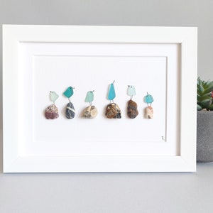 Sea Glass Birds on Rocks, Sea Glass Art Picture, Pebble Art, Wall Decor, Beach Decor, Sea glass birds, Sea glass art family, Framed Art