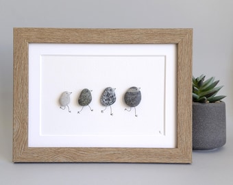 Pebble Birds Family, Unique pebble art, Framed Coastal Art