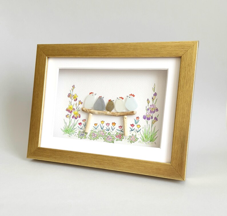Sea Glass Chicken Family, Chicken Art, Chicken Decor, Chicken Easter Ornament, Colourful Birds, Sea Glass Picture, Framed Art image 10