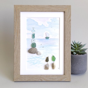 Sea Glass Lighthouse, Pebble Art and Sea Glass Picture, Friendship Sea Glass, Lighthouse Friend Gift, Frame