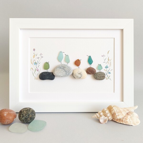 Sea Glass Birds on Stones, Family Pebble Art, Sea Glass Birds Family Picture, Birds sitting on some rocks, Personalised present