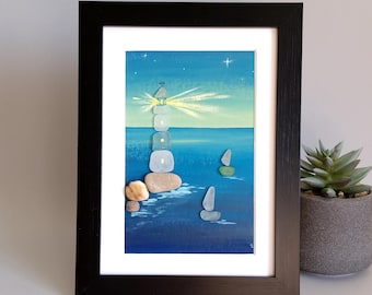 Sea Glass Dark Lighthouse, Hand Made Sea Glass Lighthouse, Lighthouse Sea Glass Art, Personalized Gift