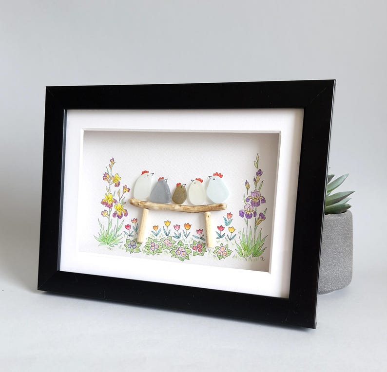 Sea Glass Chicken Family, Chicken Art, Chicken Decor, Chicken Easter Ornament, Colourful Birds, Sea Glass Picture, Framed Art image 8