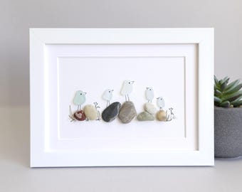 Sea Glass Birds on Rocks, Sea Glass Picture, Unique Pebbles Art, Coastal Decor, Beach Home Decor, Beach House