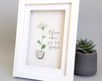 Handmade Sea Glass Flower Art, Framed Beach Decor Picture, Emotional quote