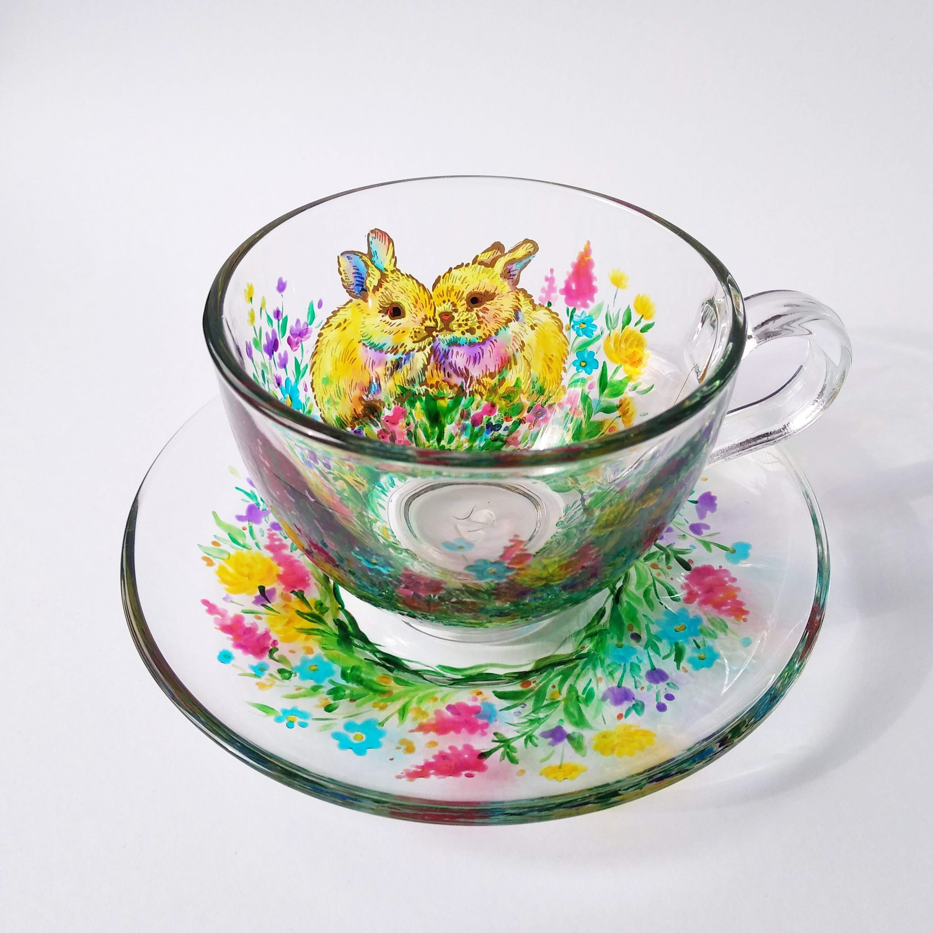 Rabbit Tea Cup and Saucer Hand Painted Tea Cup Personalised Etsy