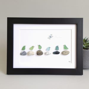 Sea Glass Birds, Sea Glass Art Picture, Pebble Art, Wall Decor, Beach Decor, Home Decor, Frame