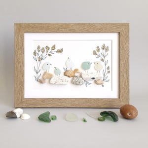 Seaglass Birds on Rocks Art, Coastal Beach Home Decor Picture