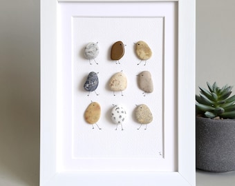 Handmade Pebble Art with Birds, Birds Family Gift, Pebble art family, Framed Art