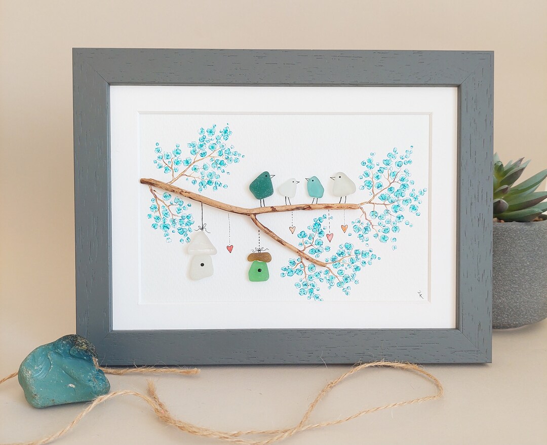Sea Glass Birds Homes, Sea Glass Art House, Glass Birds, Wood Frame