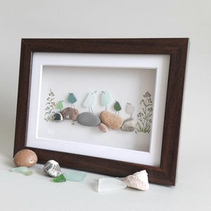 Sea Glass Birds on Rocks, Sea Glass Art Picture, Pebble Art, Wall Decor, Beach Decor, Sea glass birds, Sea glass art family, Framed Art