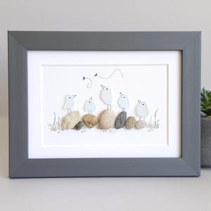 Sea Glass Birds on Rocks, Sea Glass Art Picture, Pebble Art, Wall Decor, Beach Decor, Sea glass birds, Sea glass art family, Framed Art