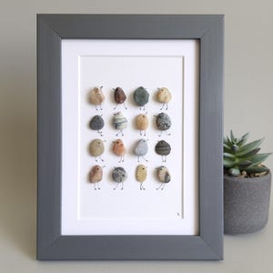 Handmade Pebble Art with Birds, Birds Family Gift, Pebble art family, Frame