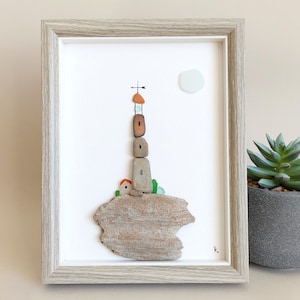 Pebble Art for Beach House, Pebble Art Lighthouse, Nautical Decor, Coastal Decor, Beach House Decor, Sea Moon, Beach Decor