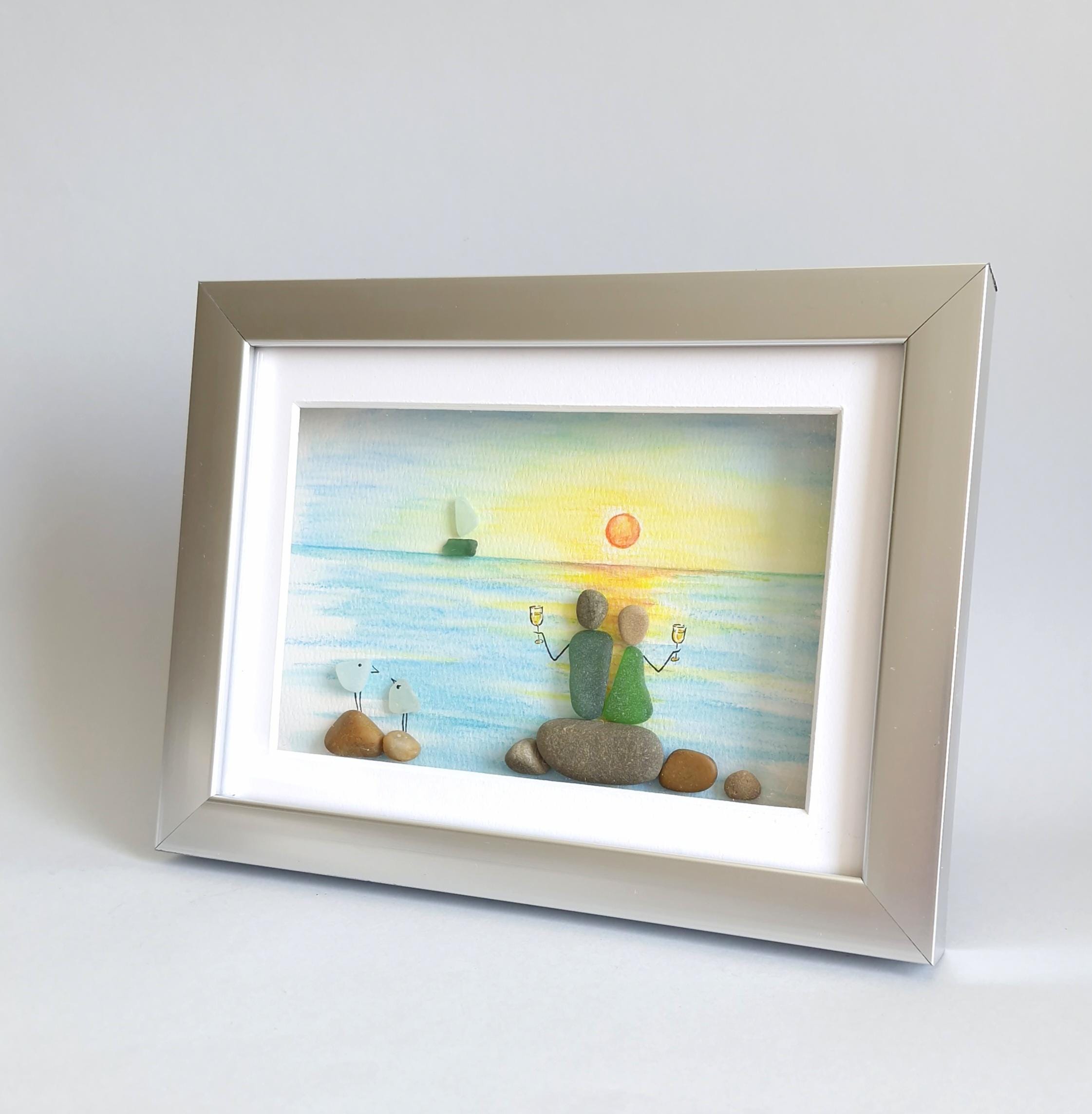 Couple Sea Glass Art, Lighthouse Beach Scene, Sunset Coastal