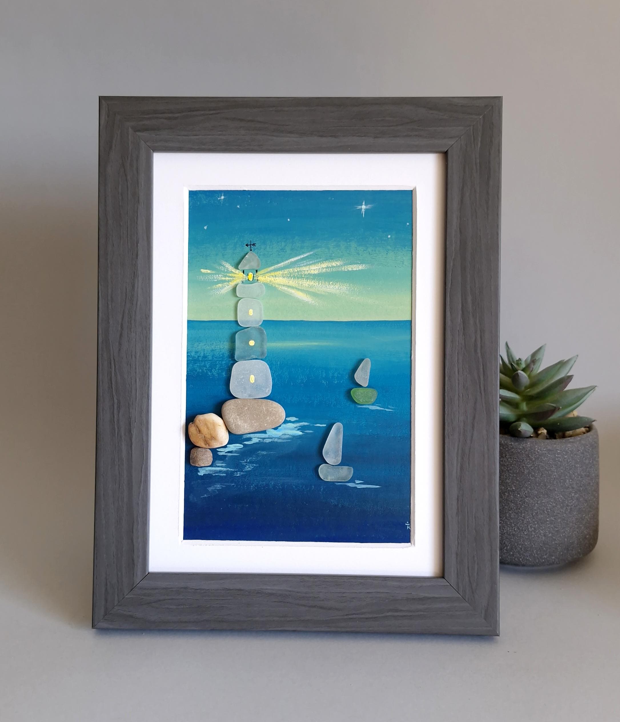 Sea Glass Dark Lighthouse, Hand Made Sea Glass Lighthouse