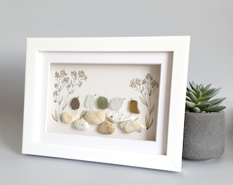 Sea Glass Birds on Rocks, Sea Glass Picture, Unique Pebbles Art, Coastal Decor, Beach Home Decor, Beach House
