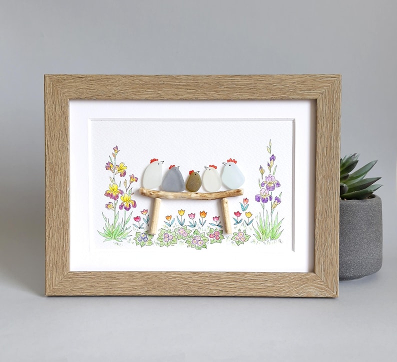 Sea Glass Chicken Family, Chicken Art, Chicken Decor, Chicken Easter Ornament, Colourful Birds, Sea Glass Picture, Framed Art image 5