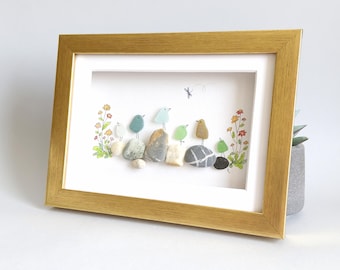 Sea Glass Birds on Rocks, Sea Glass Picture, Unique Pebbles Art, Coastal Decor, Beach Home Decor, Beach House