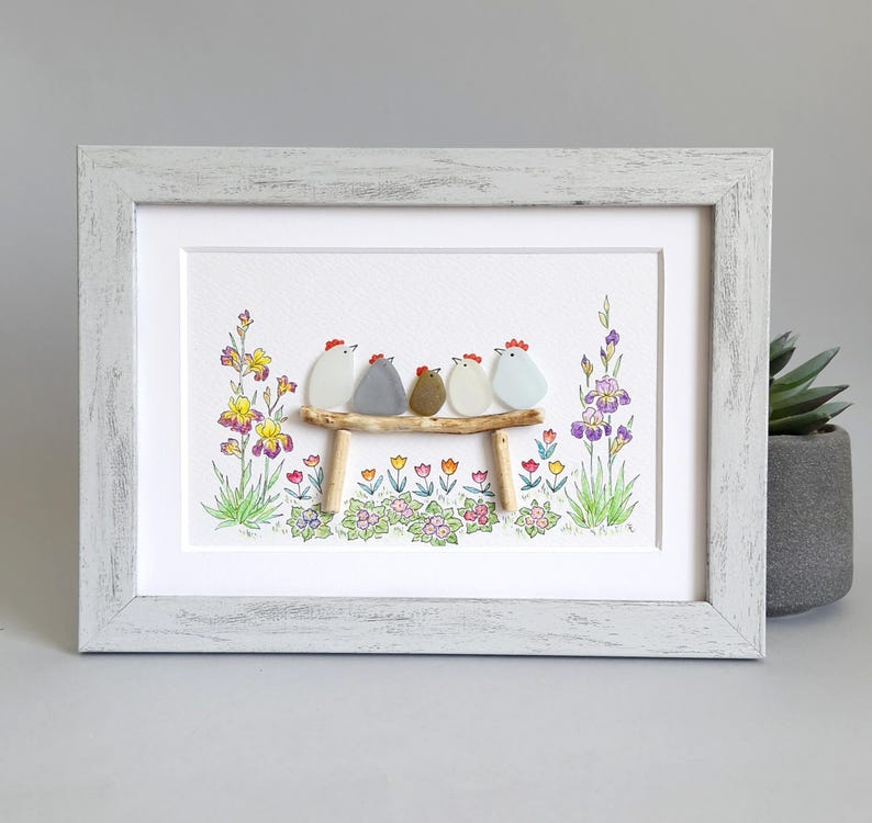 Sea Glass Chicken Family, Chicken Art, Chicken Decor, Chicken Easter Ornament, Colourful Birds, Sea Glass Picture, Framed Art image 4