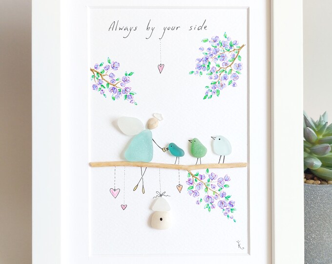 Sea Glass Angel, Sea Glass Art House, Glass Birds, Pebble Art, Wood