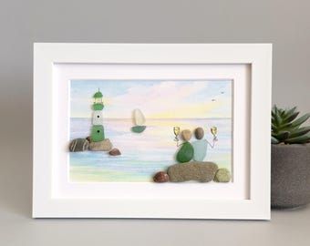 Couple Sea Glass Art, Lighthouse Beach Scene, Sunset Coastal Picture