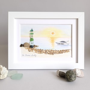 Personalised Sea Glass & Pebble Lighthouse gift, Lighthouse Pebble Art, By The Sea, Lighthouse Quotes Wall Art, Pebble Art For Family Gift