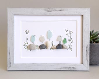 水辺の家と小鳥たち　シーグラス／天然石／フレームアート／手描き 水辺の家と小鳥たち シーグラス／天然石／フレームアート