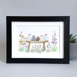 Sea Glass Chicken Family, Chicken Art, Chicken Decor, Chicken Easter Ornament, Colourful Birds, Sea Glass Picture, Framed Art image 2