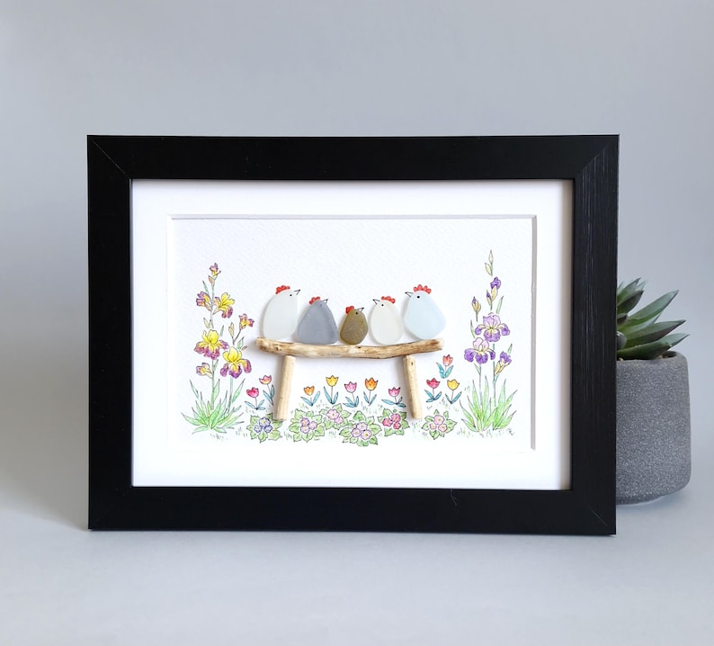 Sea Glass Chicken Family, Chicken Art, Chicken Decor, Chicken Easter Ornament, Colourful Birds, Sea Glass Picture, Framed Art image 2