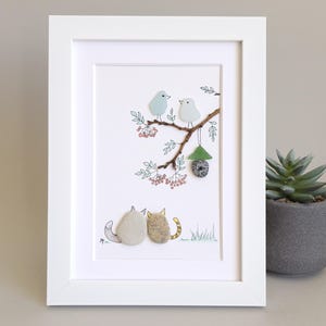 Sea Glass Bird Art: Handmade Pebble Birdhouse, Framed