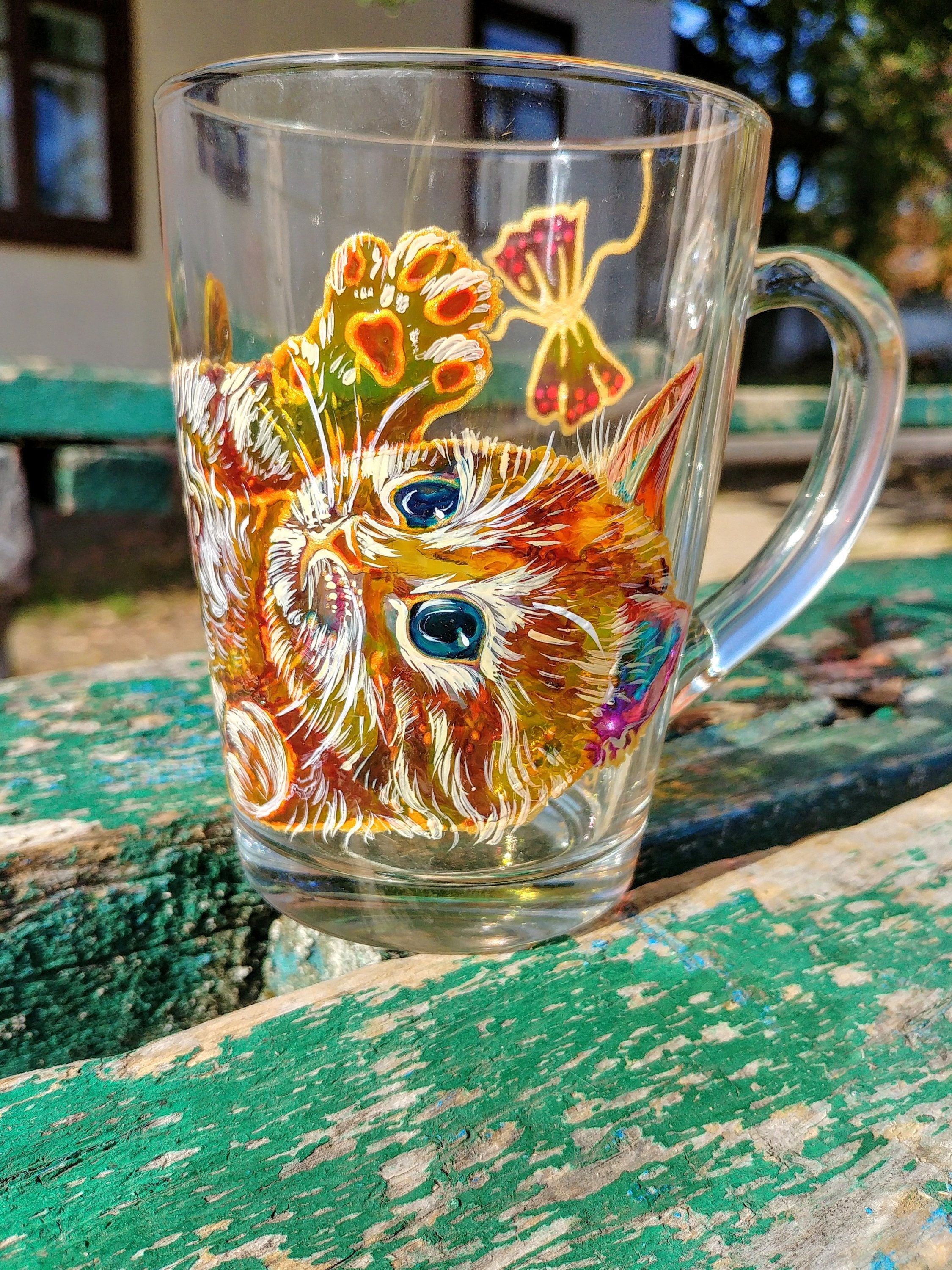Kitty Glass Coffee Mug, Hand Painted Colored Mug, Art Coffee Mug